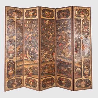 Dutch Polychrome Painted and Parcel-Gilt Leather Five Panel Screen