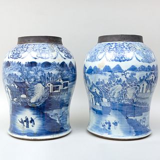 Pair of Metal-Mounted Chinese Blue and White Porcelain Jars