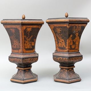 Pair of Chinoiserie Decorated TÃ´le Urns and Covers