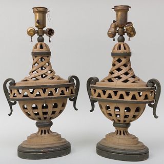 Pair of Painted Wood Lantern Form Lamps