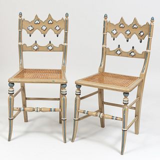 Pair of Neo-Gothic Painted and Caned Side Chairs