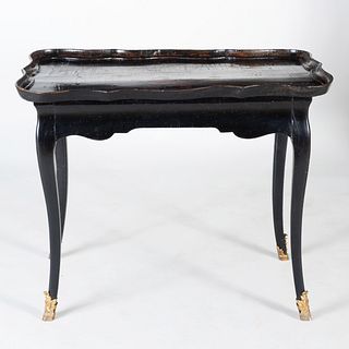 Louis XV Style Provincial Ormolu-Mounted Black Lacquer Table 