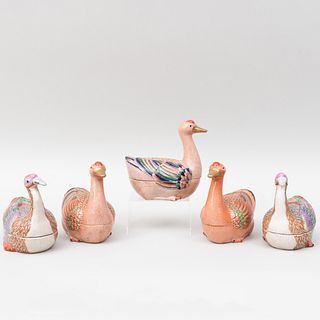 Group of Five Chinese Porcelain Goose Form Tureens and Covers