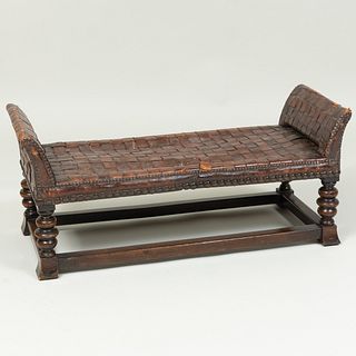 Unusual Continental Stained Wood and Leather Upholstered Window Seat
