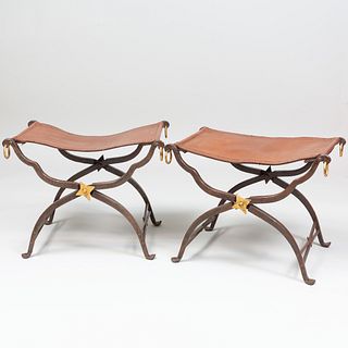 Pair of Continental Iron, Parcel-Gilt and Leather Folding Tabourets, Possibly Italian