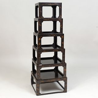 Japanese Black Lacquer and Parcel-Gilt Six Tier Stacking Tables