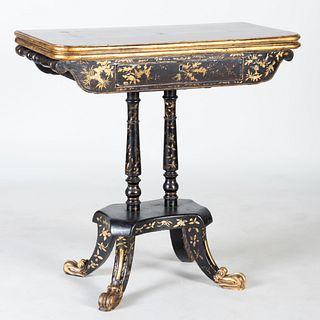 Chinese Export Ebonized and Parcel-Gilt Chinoiserie Decorated Games Table