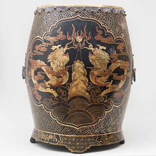 Chinese Metal-Mounted Lacquer Drum Form Box