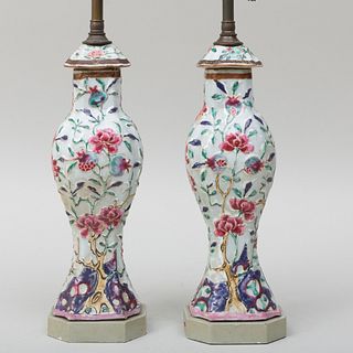 Pair of Small Chinese Export Famille Rose Porcelain  Jars and Covers Mounted as Lamps