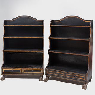 Pair of Regency Ebonized and Parcel-Gilt Waterfall Bookcases