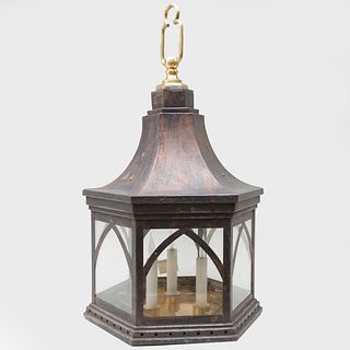 Victorian Hexagonal Painted Tin and Copper Lantern