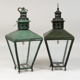 Pair of Victorian Green Painted Tin Hanging Porch Lanterns