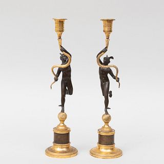 Pair of Empire Ormolu and Bronze Mercury Candlesticks