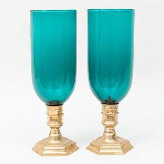 Pair of Louis XIV Style Brass Photophores with Green Shades