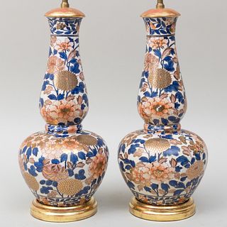 Pair of Imari Style Gilt-Decorated-Porcelain Lamps