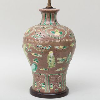 Chinese Porcelain Aubergine Fahua Vase Mounted as a Lamp