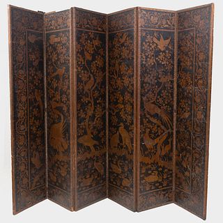 Early Victorian Painted Leather Screen