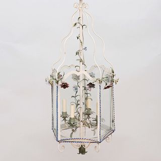 Contemporary Porcelain Mounted Painted Tin Four Light Hall Lantern