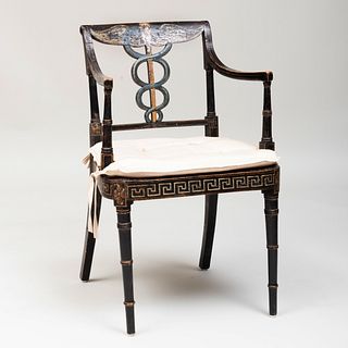 George III Black Painted and Caned Armchair
