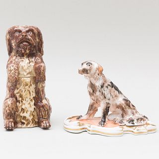 English Mottle Glazed Pottery Terrier Form Tobacco Jar and Cover and Continental Porcelain Model of a Hound