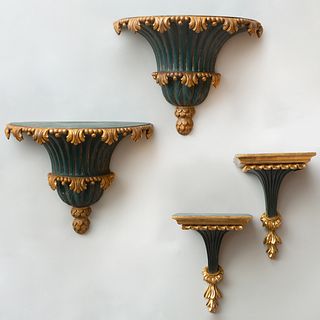 Pair of D Shaped Green Painted and Parcel-Gilt Wall Brackets, and a Smaller Pair of Green Painted Brackets