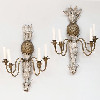 Pair of Brass and Painted Metal Pineapple Form Wall Lights