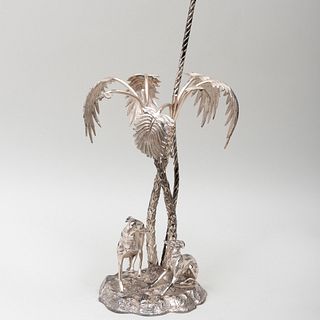 Silvered Metal Lamp Base of Whippets Amongst Palms, After a Model by Elkington