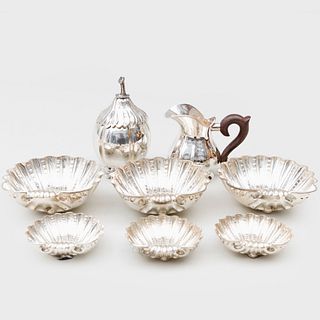 Group of Missiaglia Silver Shell Form Dishes and a Cream Jug, and a Fruit Form Preserve Jar