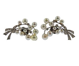 Mid Century  Gold Diamond Pearl Earrings