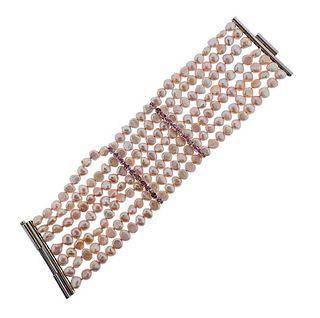 14K Gold Pearl Gemstone Multi Strand Bracelet