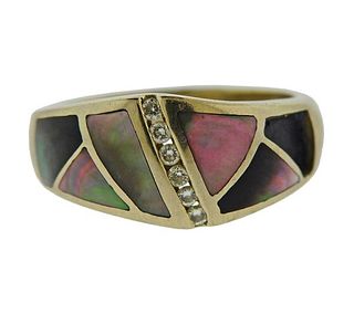 14K Gold Diamond Mother Of Pearl Inlay Ring