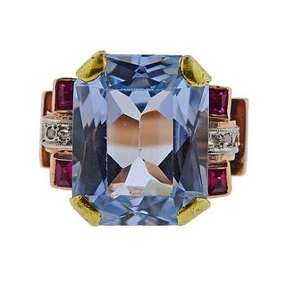 Retro 18K Gold Diamond Ruby Blue Topaz Ring