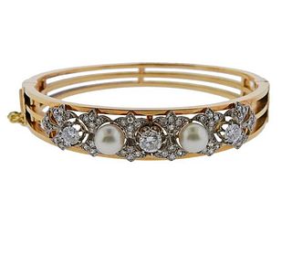18K Gold Diamond Pearl Bangle Bracelet