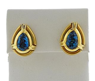 18K Gold Blue Stone Teardrop Earrings