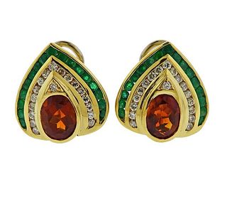 18K Gold Diamond Emerald Citrine Heart Earrings