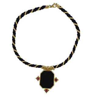 14K Gold Onyx Intaglio Ruby Cord Necklace
