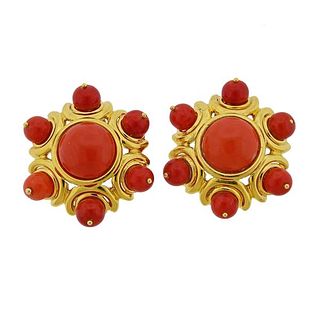18k Gold Coral Large Earrings 