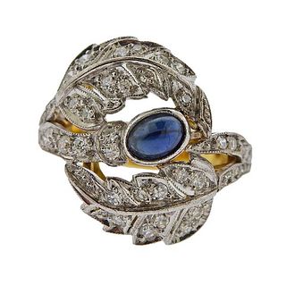 18K Gold Diamond Sapphire Leaf Motif Ring