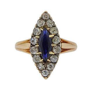 Antique 18K Gold Diamond Blue Stone Ring