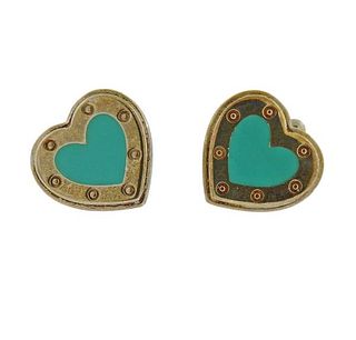Tiffany &amp; Co Silver Enamel Heart Stud Earrings
