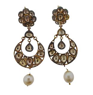 Indian 15K Gold Silver Rose Cut Diamond Enamel Pearl Earrings