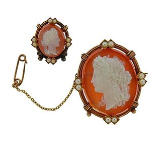 Antique 14K Gold Hardstone Cameo Pearl Brooch Pin Set 2