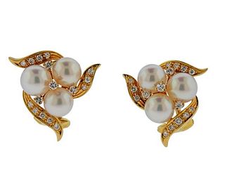 Mikimoto 18K Gold Diamond Pearl Earrings