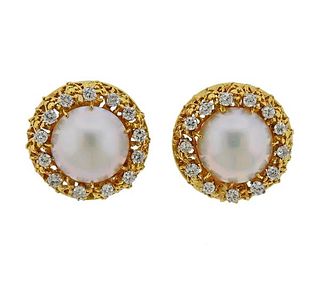 14K Gold Diamond Mabe Pearl Earrings
