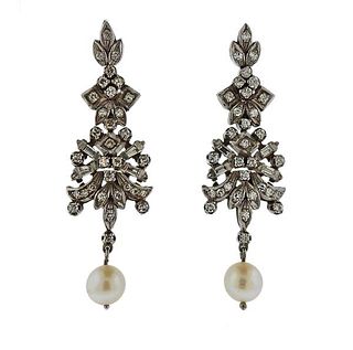 Silver Diamond Pearl Drop Earrings