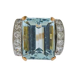 18k Gold Platinum Mid-Century Diamond Aquamarine Ring 