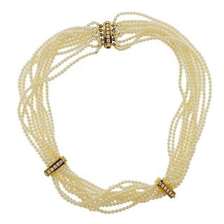 18K Gold Diamond Pearl Bead Multi Strand Necklace