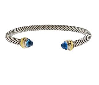 David Yurman Silver 14k Gold Blue Topaz Cuff Bracelet