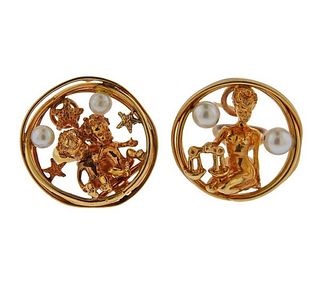 Ruser Retro 14k Gold Pearl Zodiac Earrings