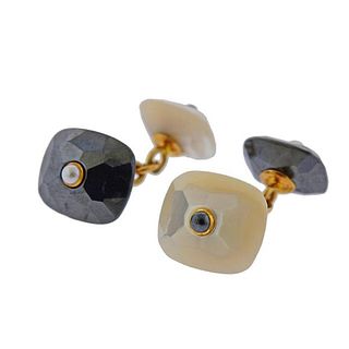 Trianon Mother of Pearl Hematite Pearl 18k Gold Cufflinks